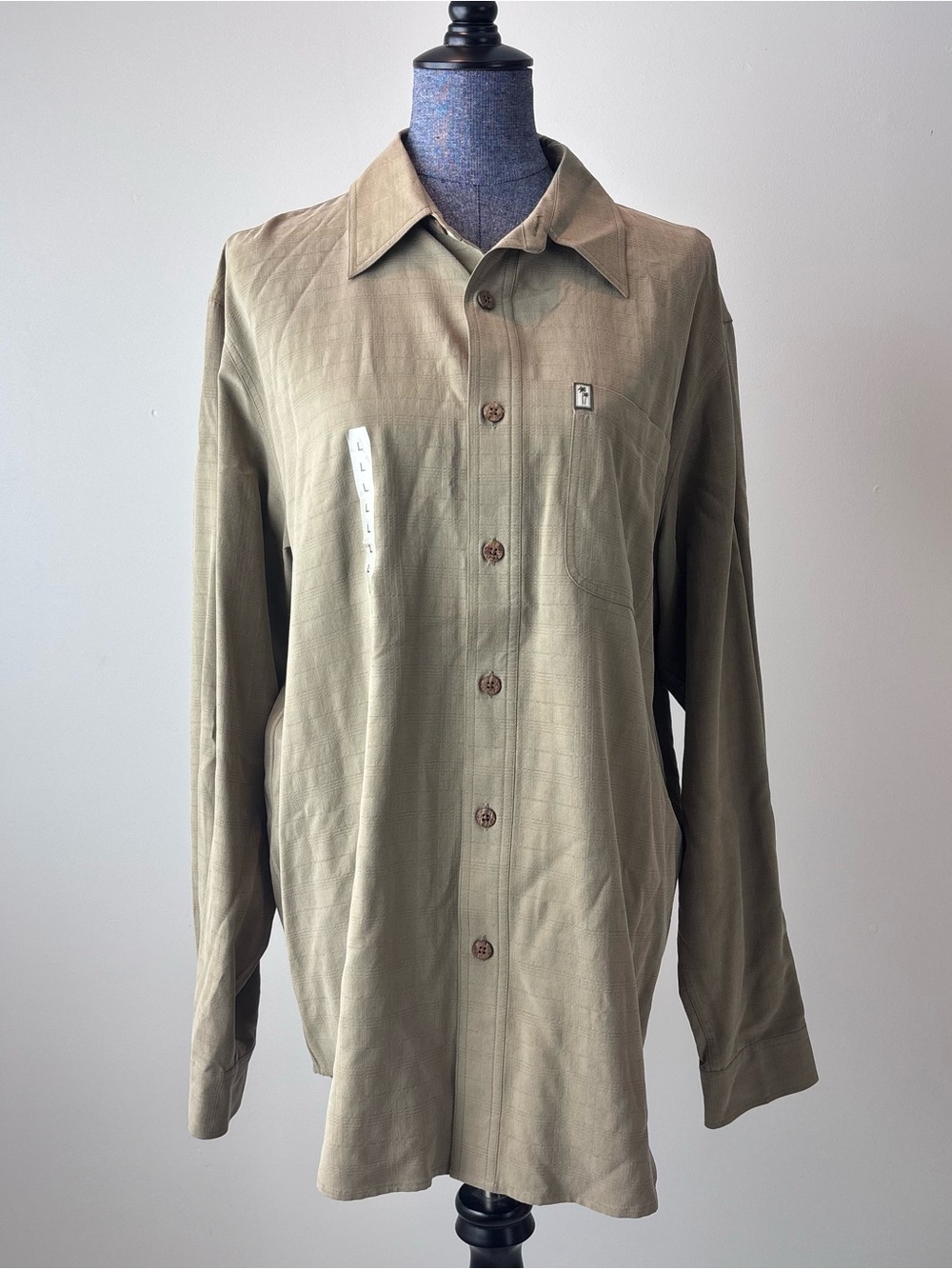 Original Island Sport Mens Large 100% Silk Button Front Shirt Olive Plaid NWT